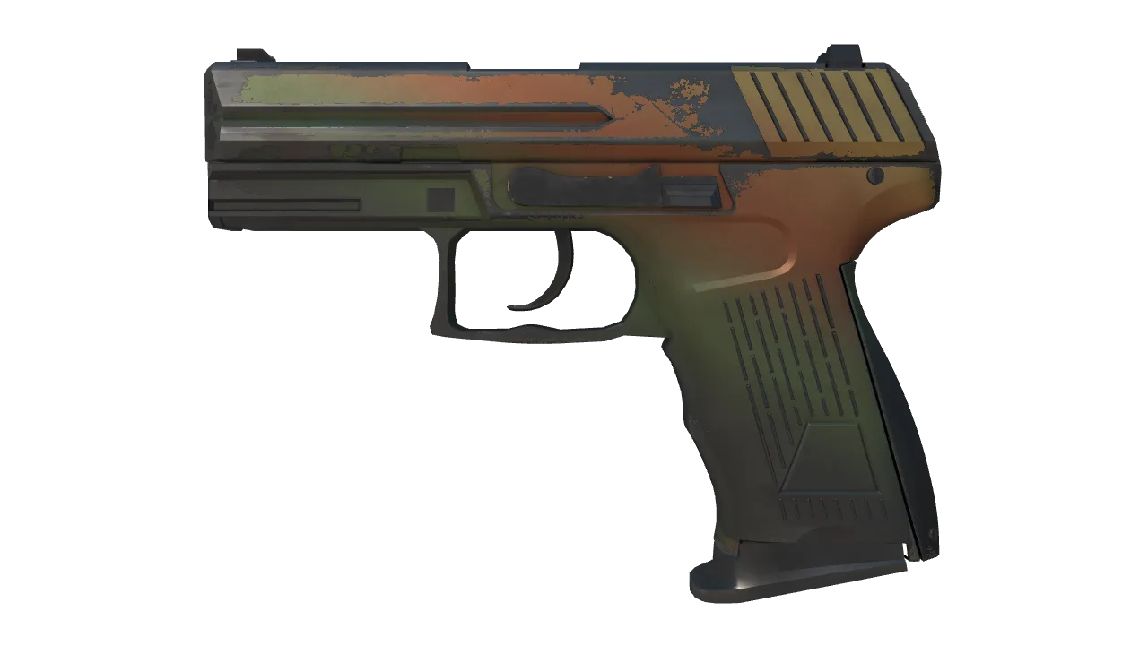 P2000 | Amber Fade (Well-Worn) — Dust II light, front