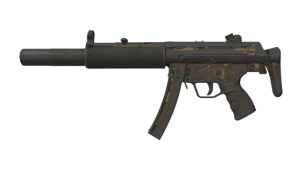 MP5-SD | Gold Leaf (Battle-Scarred) — Dust II light, front