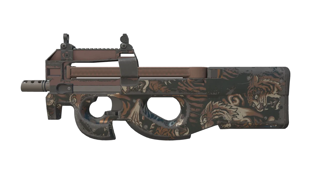 Souvenir P90 | Tiger Pit (Well-Worn) — Dust II light, front