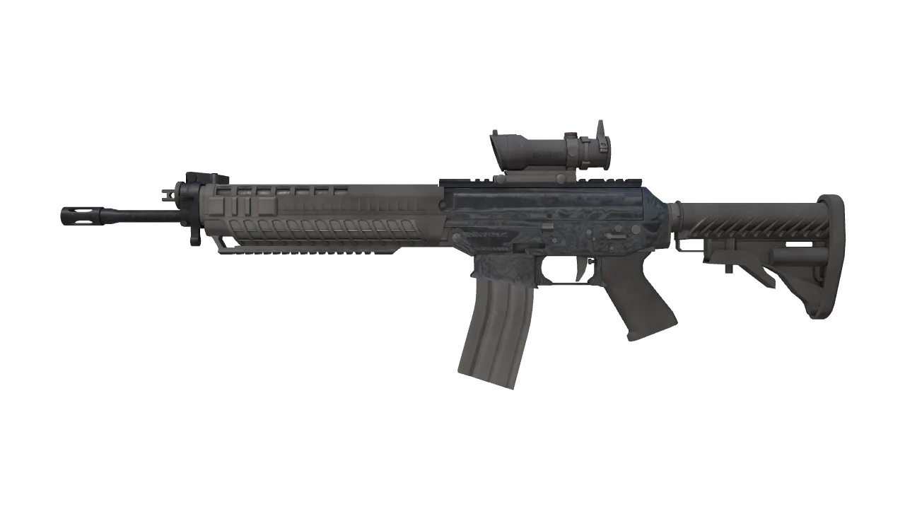 SG 553 | Damascus Steel (Well-Worn) — Dust II light, front