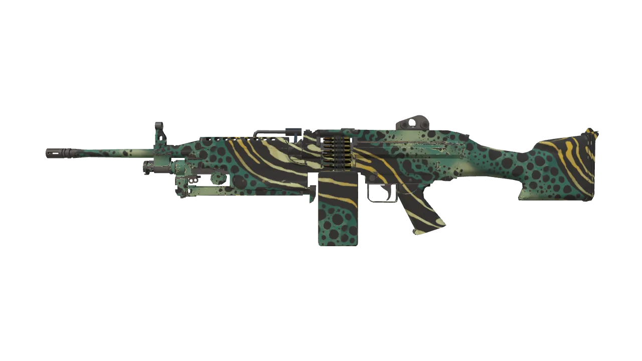 M249 | Emerald Poison Dart (Minimal Wear) — Dust II light, front