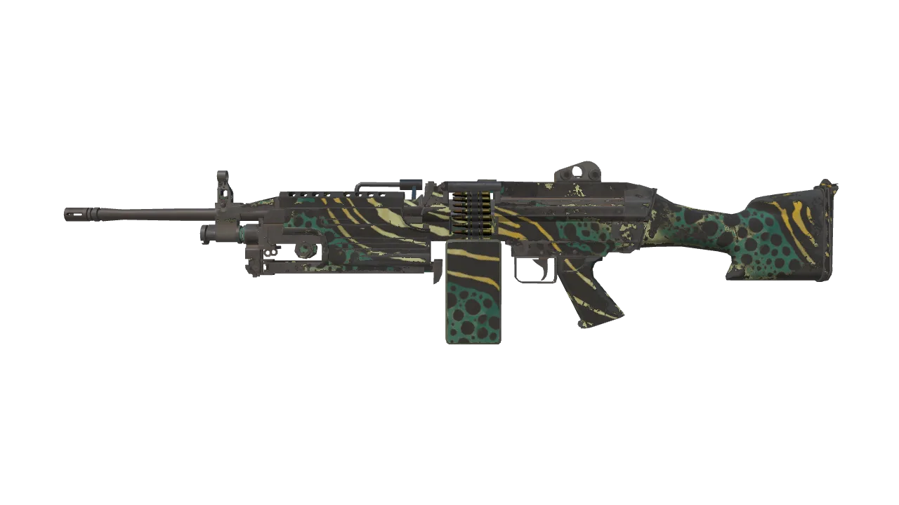 M249 | Emerald Poison Dart (Well-Worn) — Dust II light, front