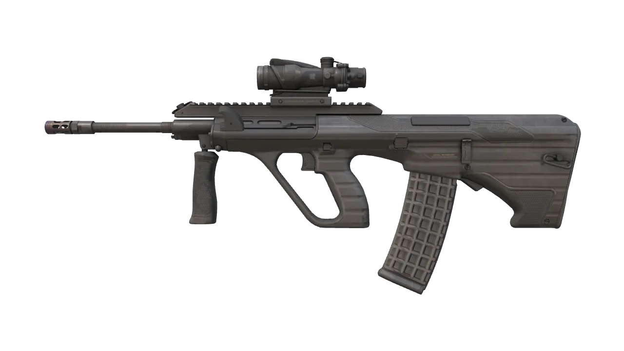 AUG | Steel Sentinel (Well-Worn) — Dust II light, front