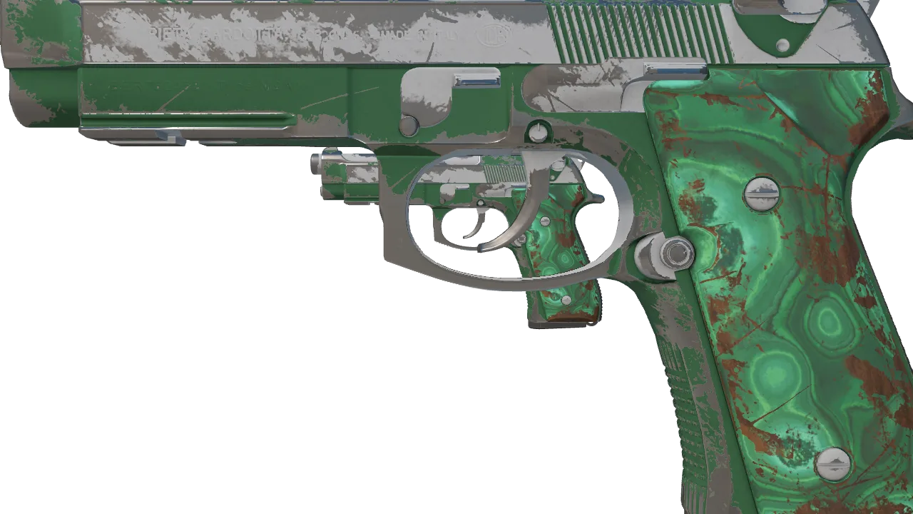 Dual Berettas | Polished Malachite (Well-Worn) — Dust II light, front