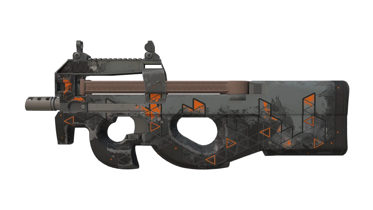 P90 | Trigon (Well-Worn) — Dust II light, front