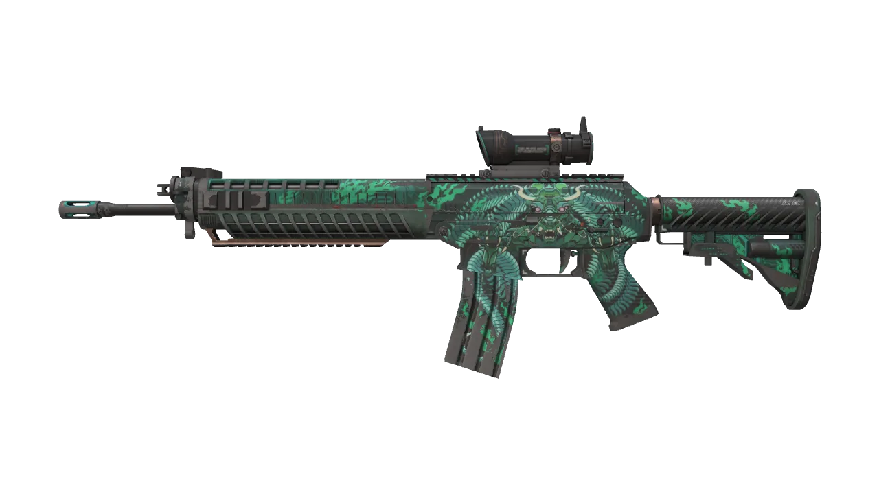 SG 553 | Dragon Tech (Well-Worn) — Dust II light, front