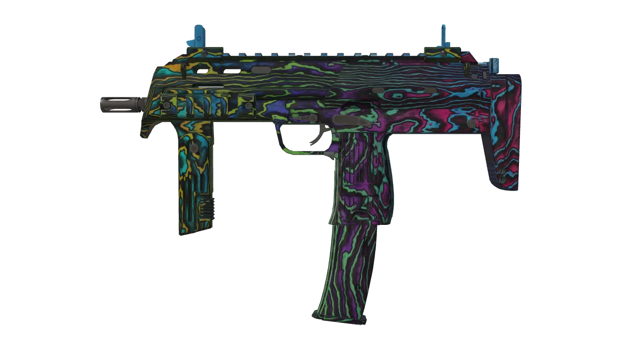 MP7 | Neon Ply (Minimal Wear) — Dust II light, front