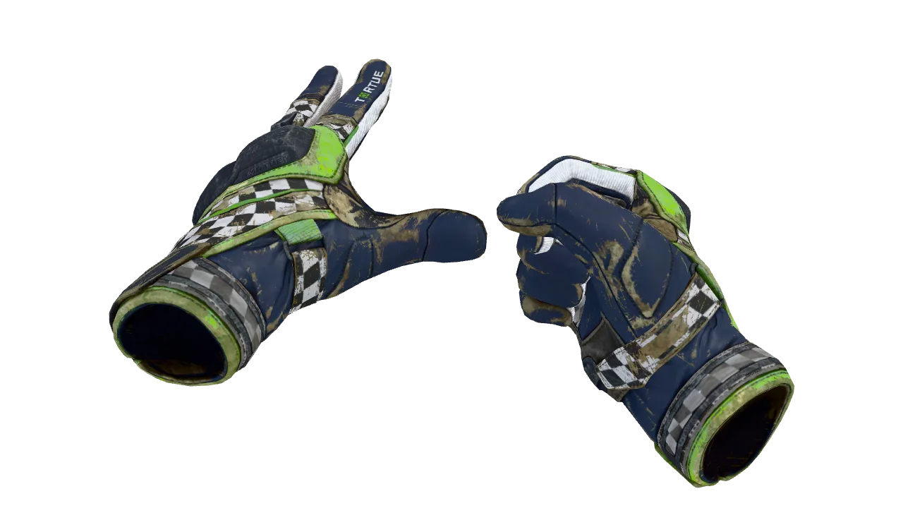 ★ Moto Gloves | Finish Line (Battle-Scarred) — Dust II light, front