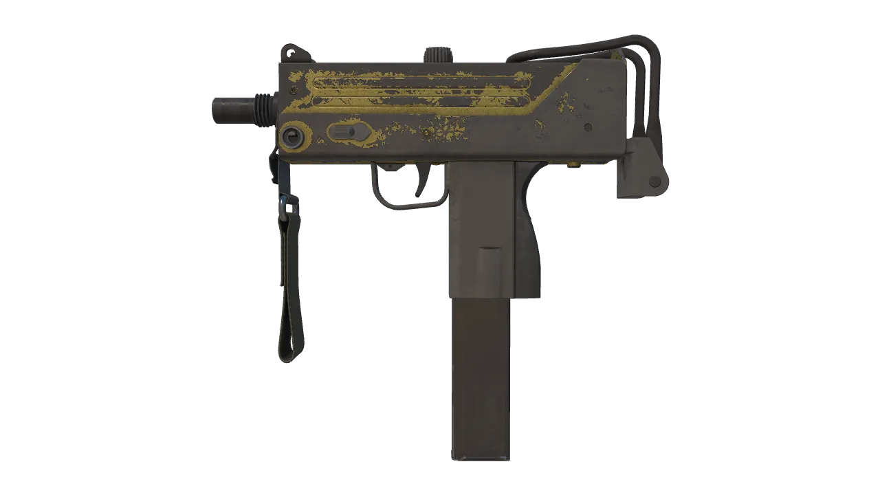 MAC-10 | Gold Brick (Battle-Scarred) — Dust II light, front