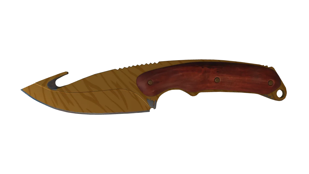 StatTrak™ ★ Gut Knife | Tiger Tooth (Minimal Wear) — Dust II light, front