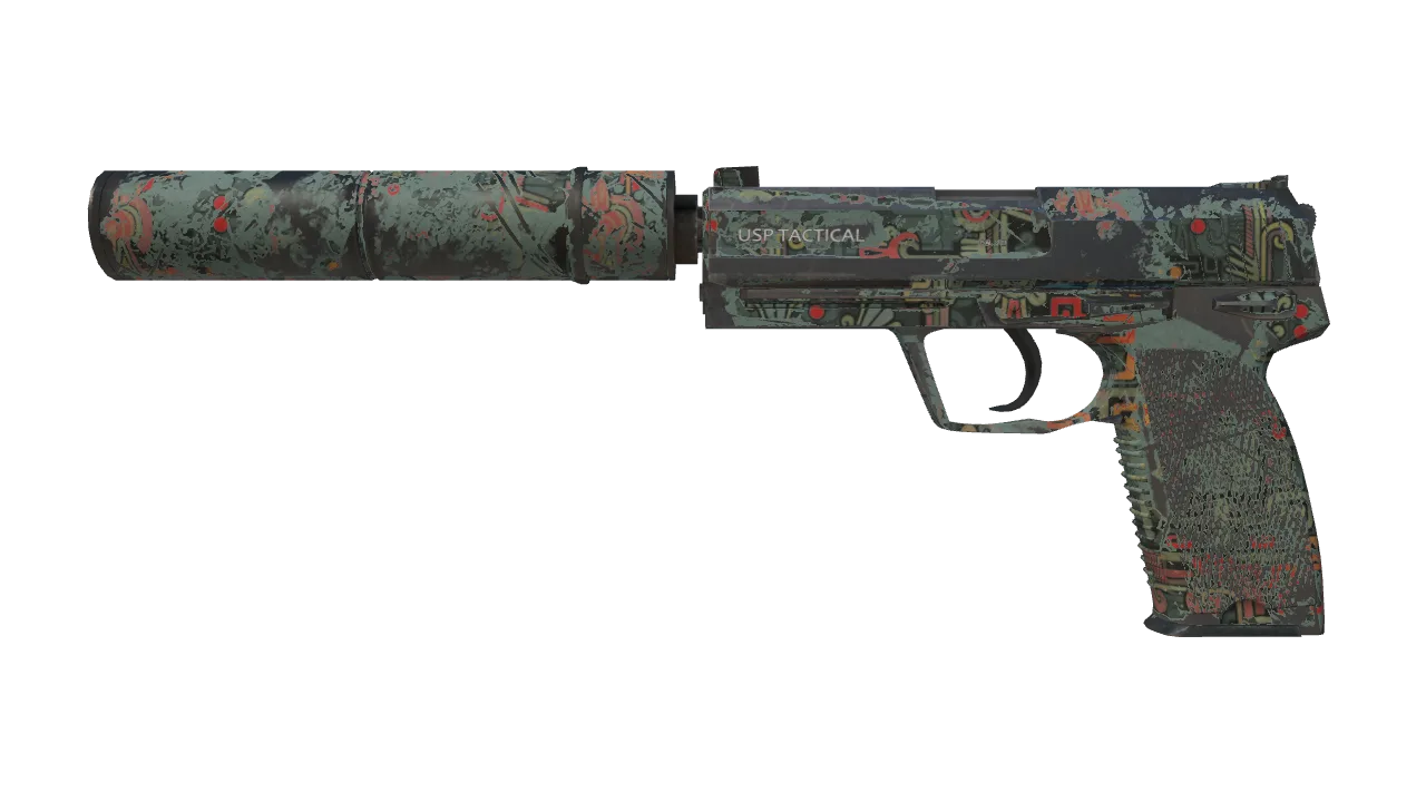 USP-S | Ancient Visions (Well-Worn) — Dust II light, front
