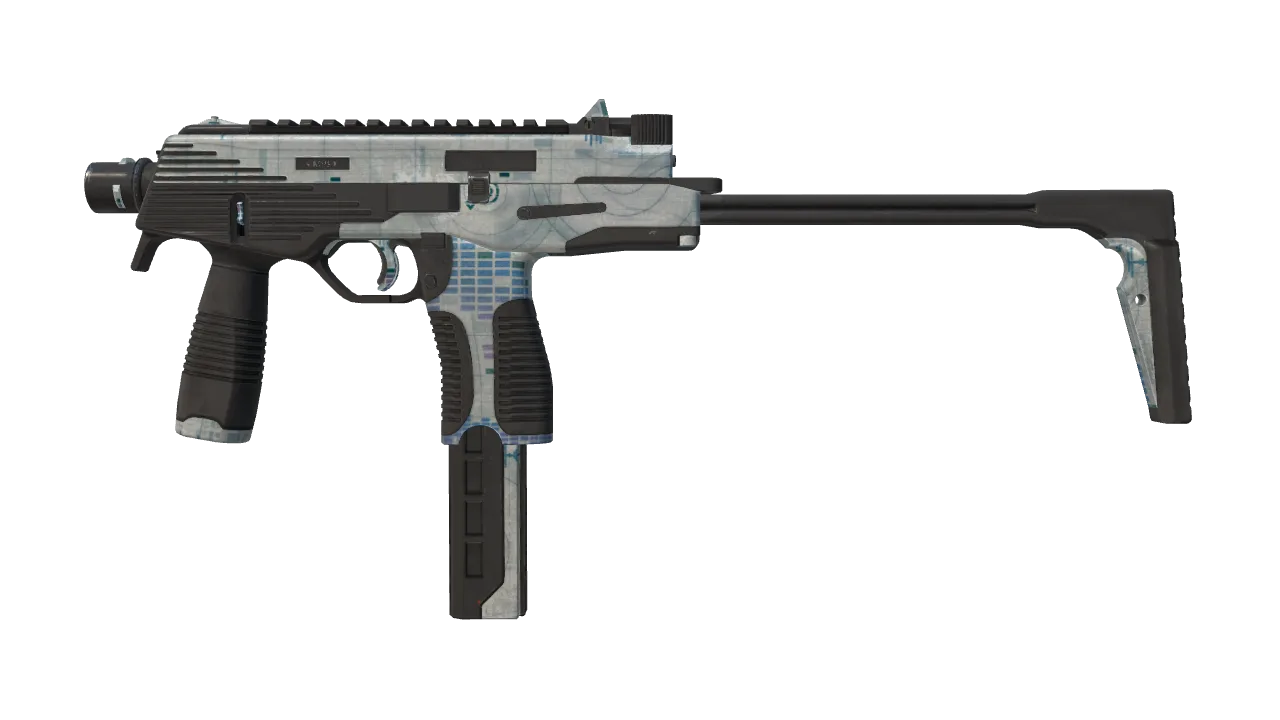 Souvenir MP9 | Spy Prototype (Battle-Scarred) — Dust II light, front