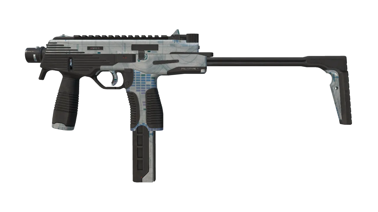 Souvenir MP9 | Spy Prototype (Well-Worn) — Dust II light, front