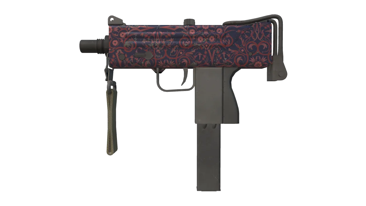 MAC-10 | Red Filigree (Well-Worn) — Dust II light, front