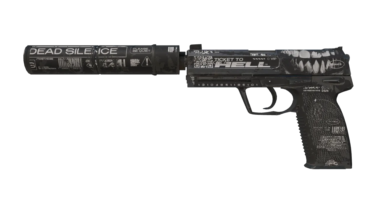 StatTrak™ USP-S | Ticket to Hell (Well-Worn) — Dust II light, front